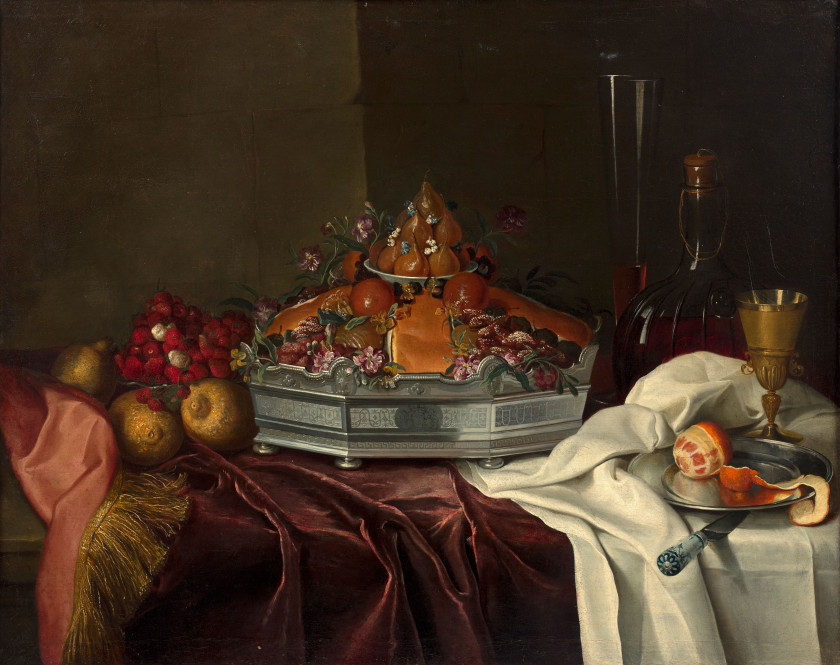 André BOUYS Hyères, 1656 - 1740 Brioche, fruits confits et fleurs dans un surtout d'argent, fraises des bois et carafe sur un entabl..