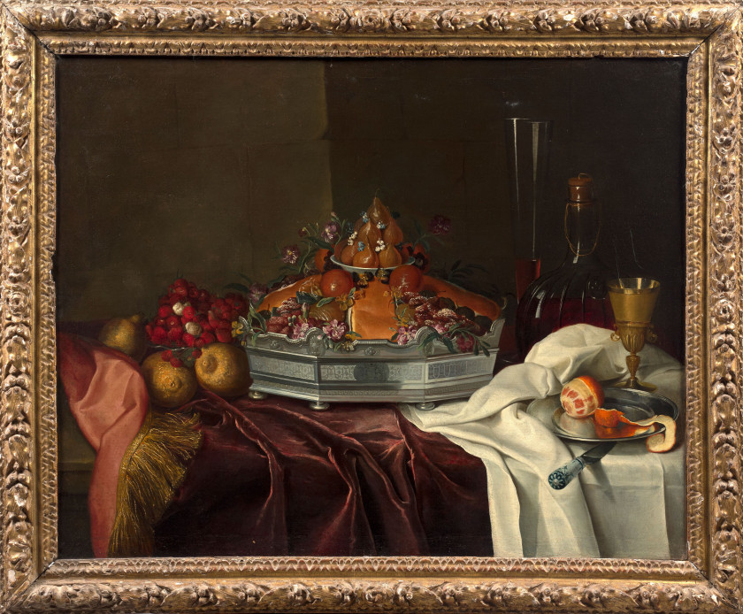 André BOUYS Hyères, 1656 - 1740 Brioche, fruits confits et fleurs dans un surtout d'argent, fraises des bois et carafe sur un entabl..