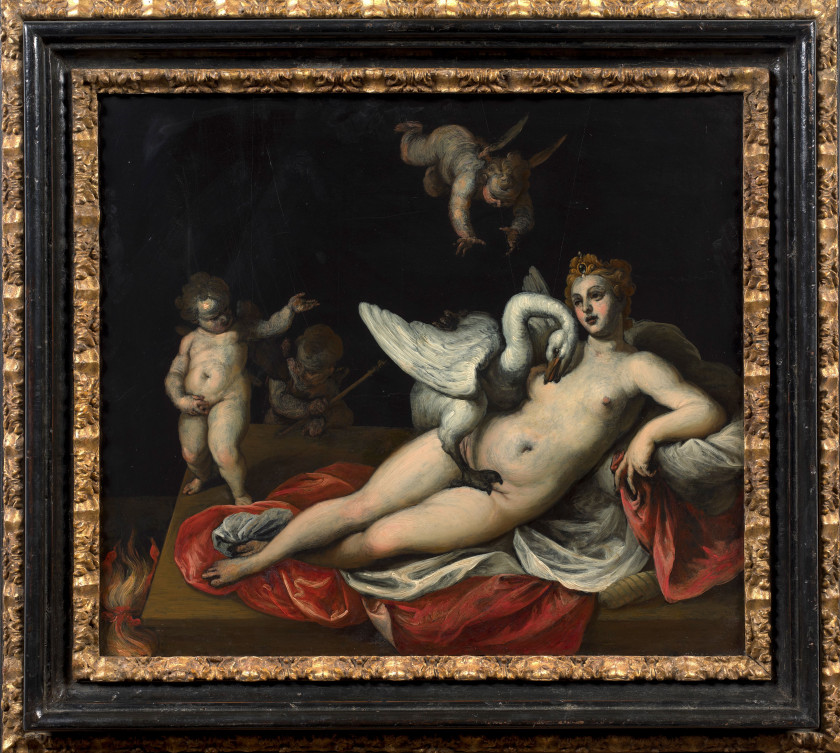 Alessandro TURCHI, dit l'Orbetto Vérone, 1578 - 1649 Léda et le cygne Huile sur obsidienne, doublée sur ardoise