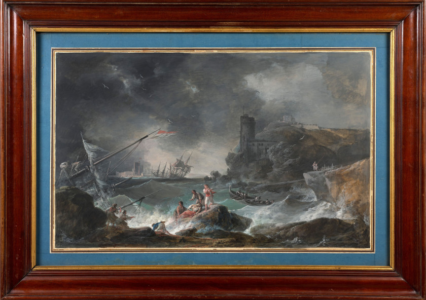 Alexandre-Jean NOËL Brie-Comte-Robert, 1752 - Paris, 1834 Tempête sur une côte rocheuse Gouache sur papier, marouflé sur toile, trai...