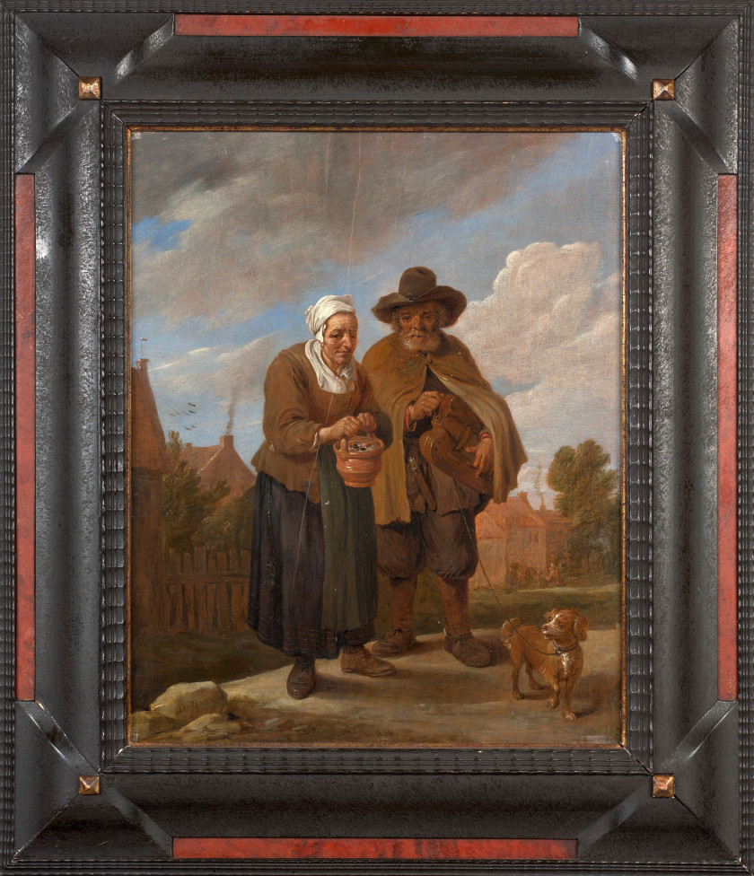 David TENIERS Anvers, 1610 - Bruxelles, 1690 Vieille femme au brasero et joueur de vielle Huile sur panneau de chêne, une planche