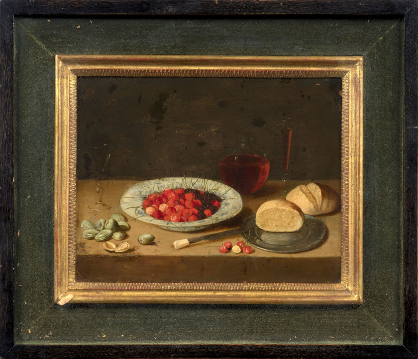 Pseudo-Jan van KESSEL II (Actif vers 1660 - 1750) Amandes et plat de cerises sur un entablement Huile sur cuivre