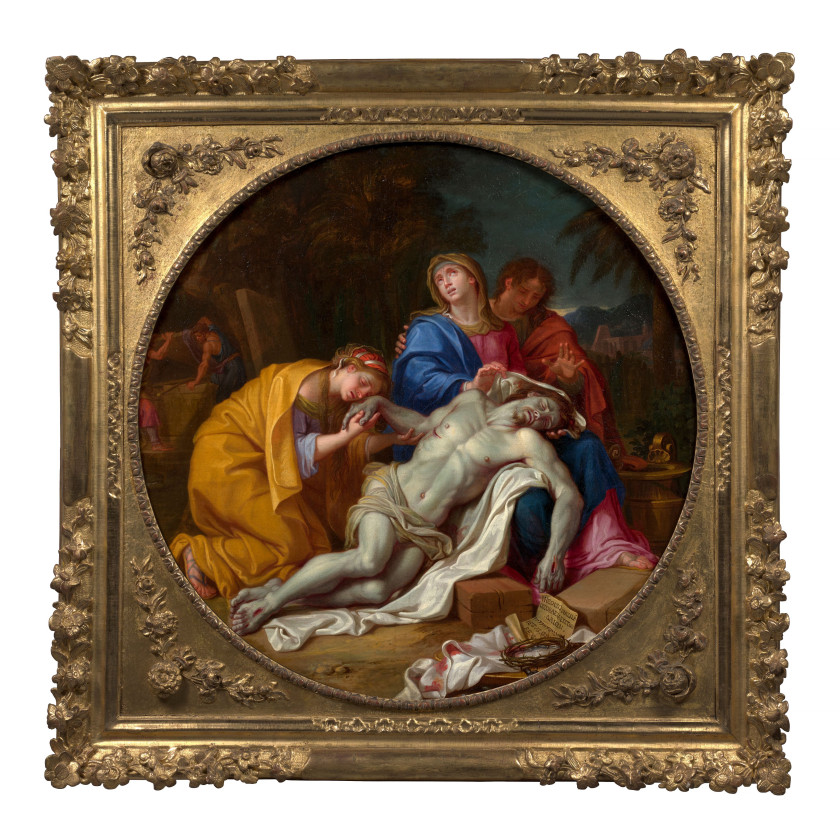 Louis LICHERIE Dreux, 1642 - Paris, 1687 La déploration du Christ Huile sur toile de forme ronde, marouflée sur une toile et un châs...