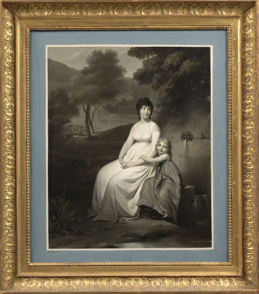 Louis-Léopold BOILLY La Bassée, 1761 - Paris, 1845 Portraits de Madame Tallien et de sa fille dans un parc Huile sur toile, en camaï...