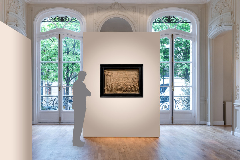 Ecole italienne de la seconde partie du XVIIe siècle  Triomphe d'Aurélien faisant prisonnière la reine Zénobie Bas-relief en terre c..