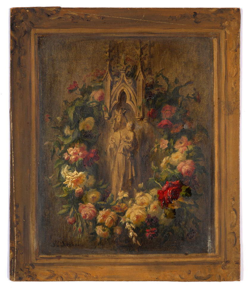 Simon SAINT-JEAN Lyon, 1808 - Ecully, 1860 La Vierge à l'Offrande, esquisse dans un cadre en trompe-l'œil Huile sur carton fin