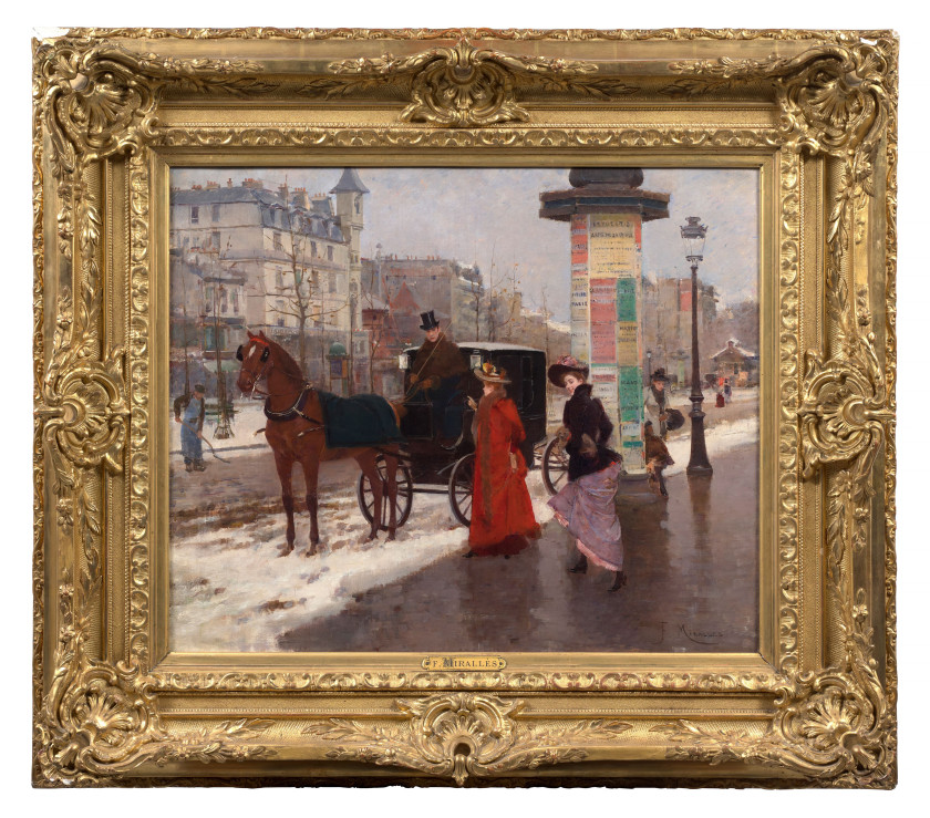 ¤ Francisco MIRALLES Y GALUP Valence, 1848 - Barcelone, 1901 Fiacre près du Moulin rouge à Paris en hiver Huile sur toile (Toile d'ori