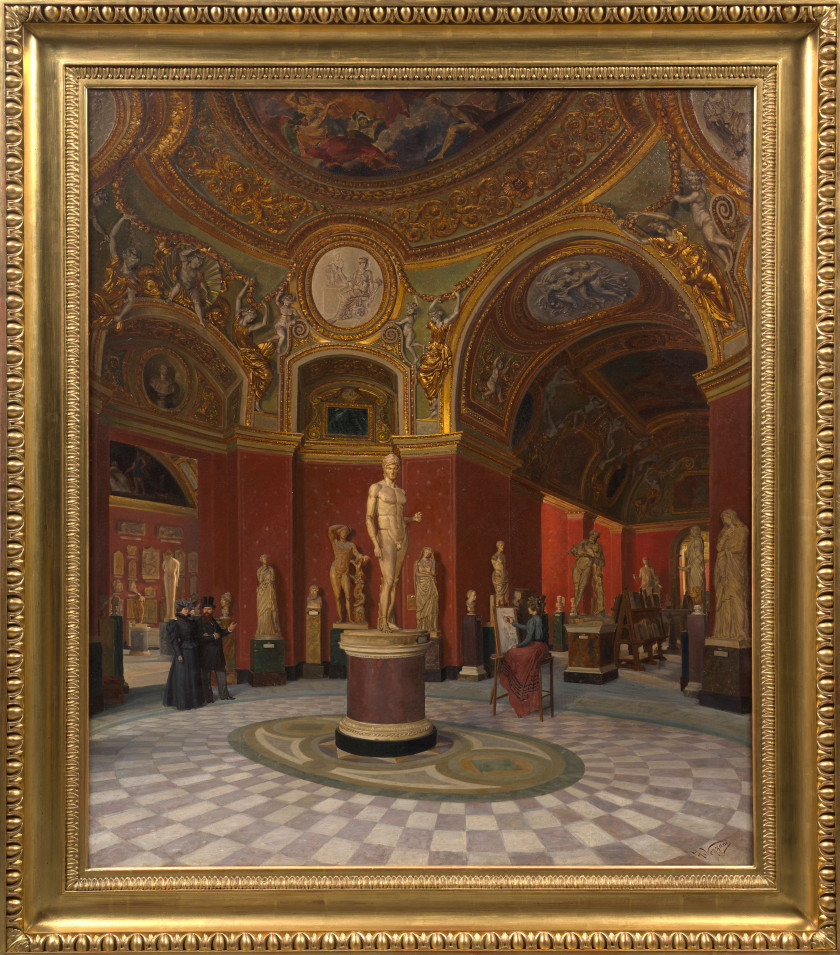 Felice VEZZANI Novellara, 1855 - Paris, 1930 Dessinatrice dans les salles des antiques du Louvre vues de la rotonde de Mars Huile su...