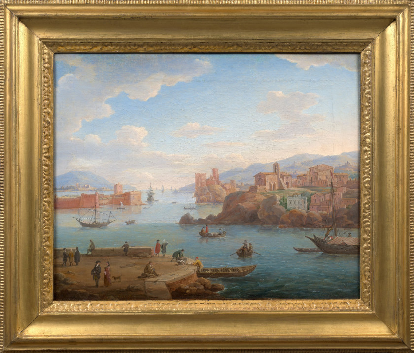 Hendrik Frans van LINT Anvers, 1684 - Rome, 1763 Vue d'un port méditerranéen animé de personnages Huile sur toile