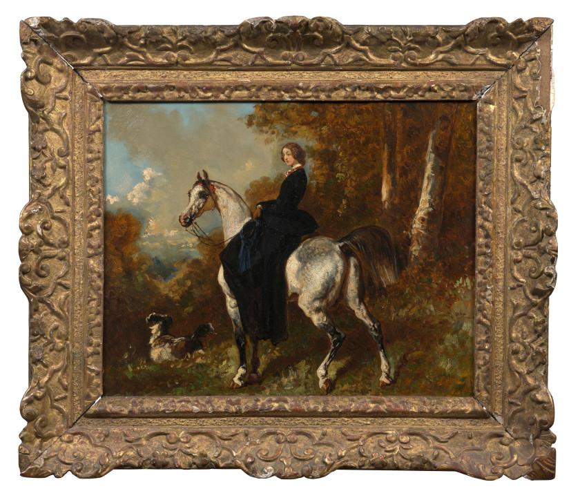 Alfred de DREUX Paris, 1810 - 1860 Amazone en noir sur un cheval gris pommelé Huile sur toile (Toile d'origine)