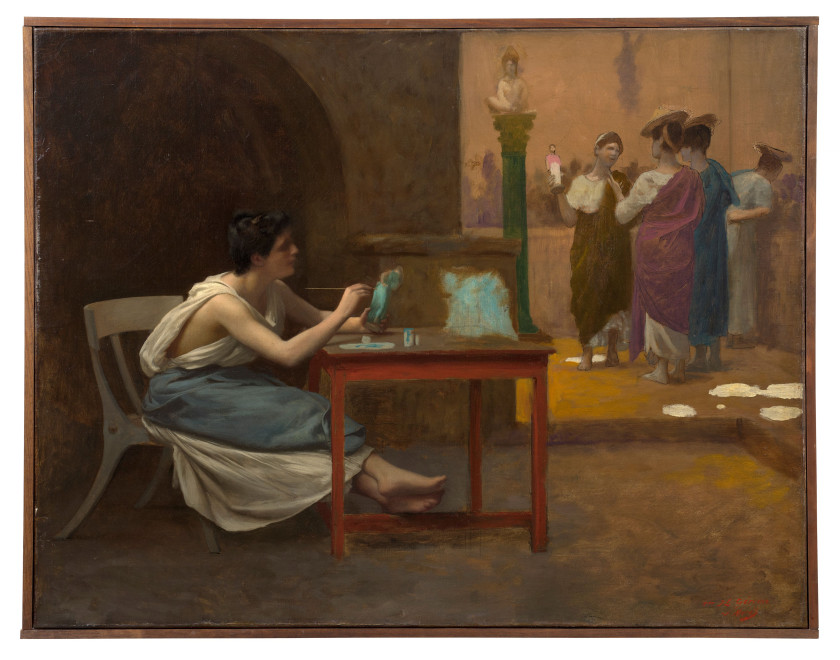 Jean-Léon GÉRÔME Vesoul, 1824 - Paris, 1904 Sculpturae vitam insufflat pictura ou L'atelier de Tanagra Huile sur toile (Toile d'orig.