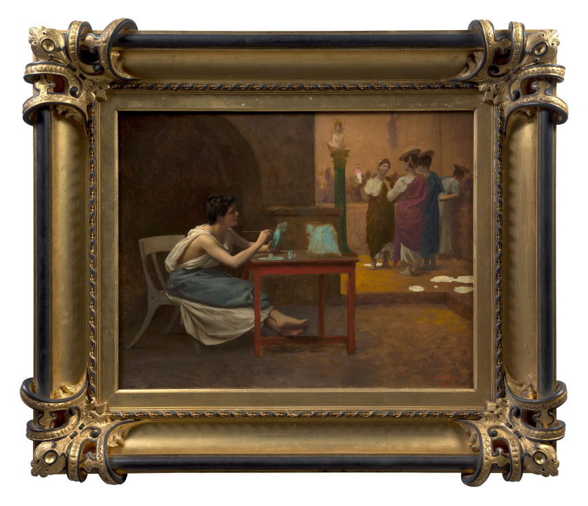 Jean-Léon GÉRÔME Vesoul, 1824 - Paris, 1904 Sculpturae vitam insufflat pictura ou L'atelier de Tanagra Huile sur toile (Toile d'orig.