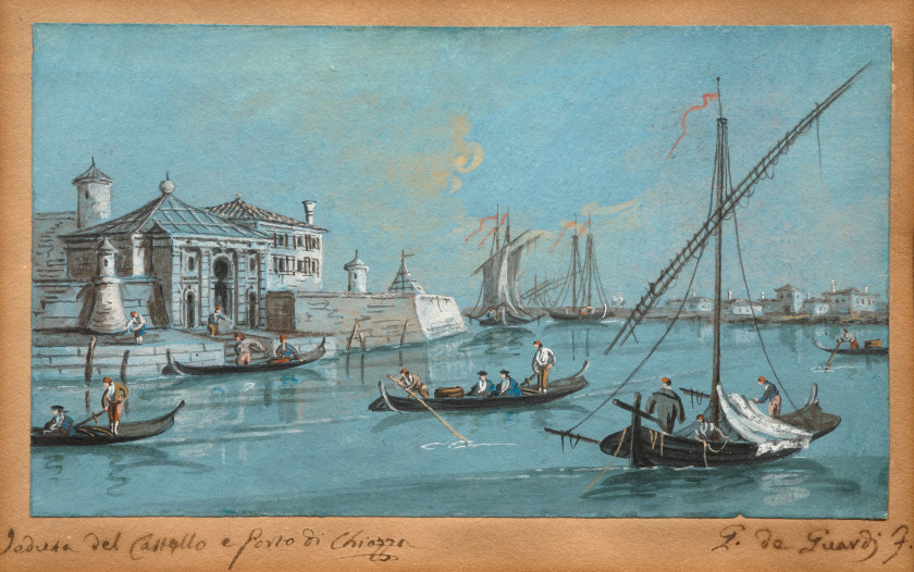 Giacomo GUARDI Venise, 1764 - 1835 Vue du Castello di San Felice et du port de Chioggia, Venise Gouache