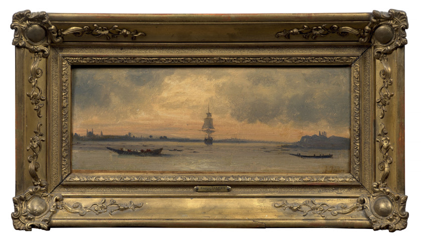 Eugène ISABEY Paris, 1803 - Montévrain, 1886 Marine au couchant sur Istanbul Huile sur papier marouflé sur panneau