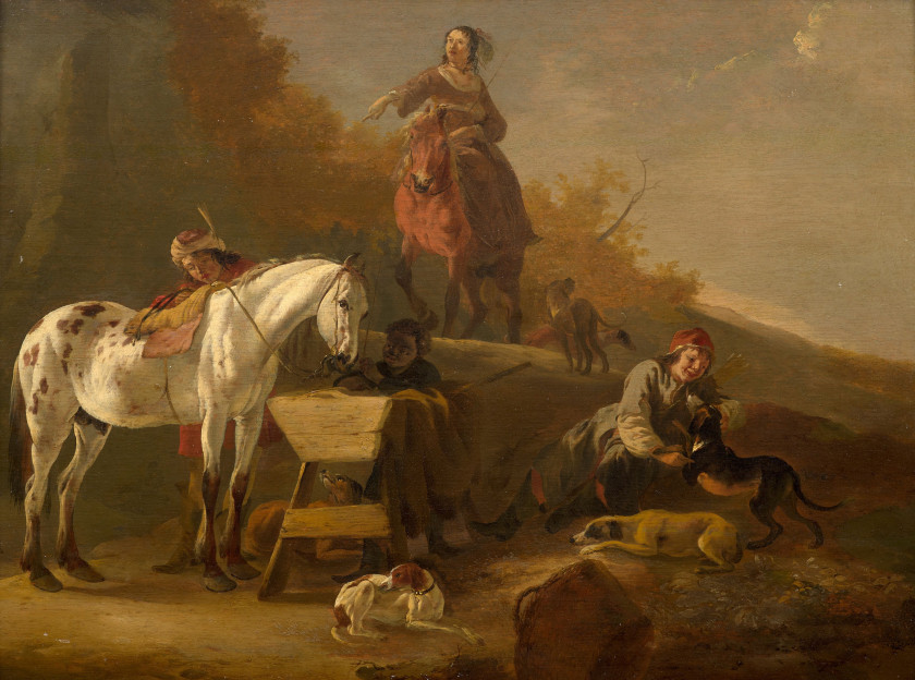 Dirck STOOP Utrecht, vers 1618 - Hambourg, après 1681 Le retour de la chasse Huile sur panneau