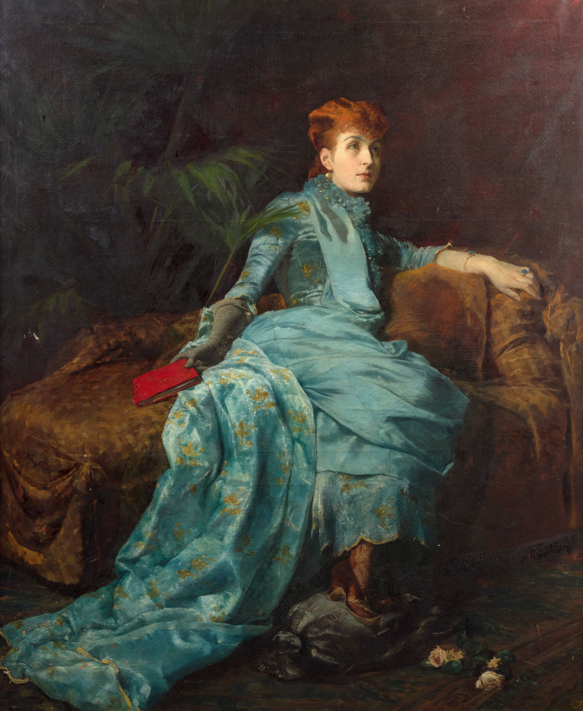 Johann Frank KIRCHBACH Londres, 1859 - Schliersee, 1912 Portrait de la comtesse Alice Kessler dans un intérieur Huile sur toile (Toi...