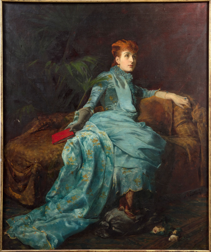 Johann Frank KIRCHBACH Londres, 1859 - Schliersee, 1912 Portrait de la comtesse Alice Kessler dans un intérieur Huile sur toile (Toi...