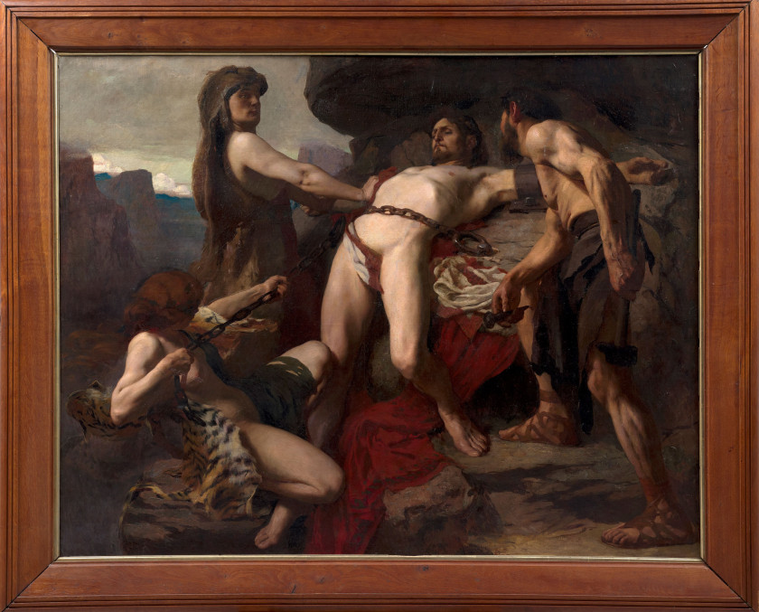 Laurent JACQUOT-DEFRANCE Perthus, 1874 - Rome, 1902 Vulcain enchaîne Prométhée sur les cimes du Caucase Huile sur toile (Toile d'ori..
