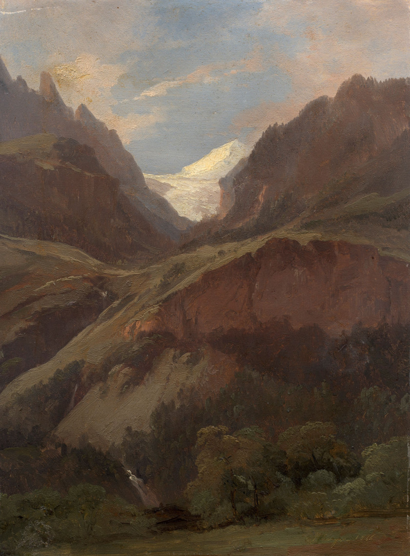 Alexandre CALAME Vevey, 1810 - Menton, 1864 Vue sur le Wetterhorn et le Reichenbach depuis Meiringen, Suisse Huile sur papier marouf...