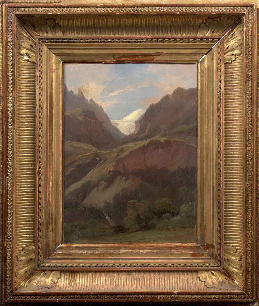 Alexandre CALAME Vevey, 1810 - Menton, 1864 Vue sur le Wetterhorn et le Reichenbach depuis Meiringen, Suisse Huile sur papier marouf...