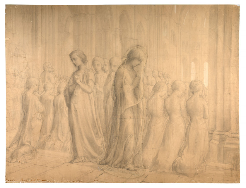 Louis JANMOT Lyon, 1814 - 1892 Etude pour "Première Communion", de la première série du Poème de l'âme Crayon noir et craie blanche,..