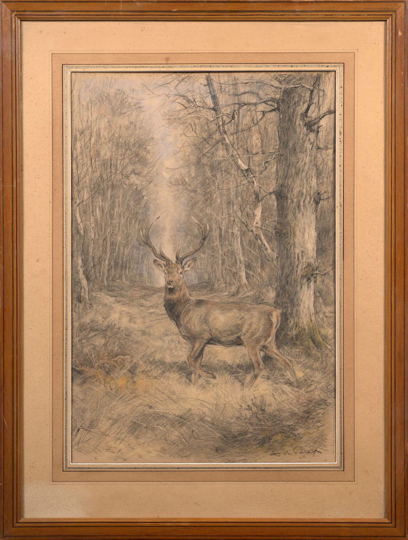 Xavier de PORET Dinan, 1894 - Chambéry, 1975 Cerf au passage d'une allée Crayon noir, sanguine, crayons de couleurs, gommage et touc..