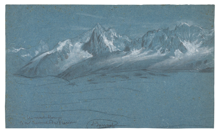 Louis JANMOT Lyon, 1814 - 1892 Vue du massif du Mont-Blanc depuis le sommet du Prarion, Chamonix Crayon, estompe et rehauts de craie...