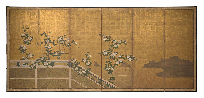 PAIRE DE PARAVENTS À SIX FEUILLES SUR PAPIER ET FOND DE FEUILLES D'OR, Japon, époque Edo, XVIIIe siècle