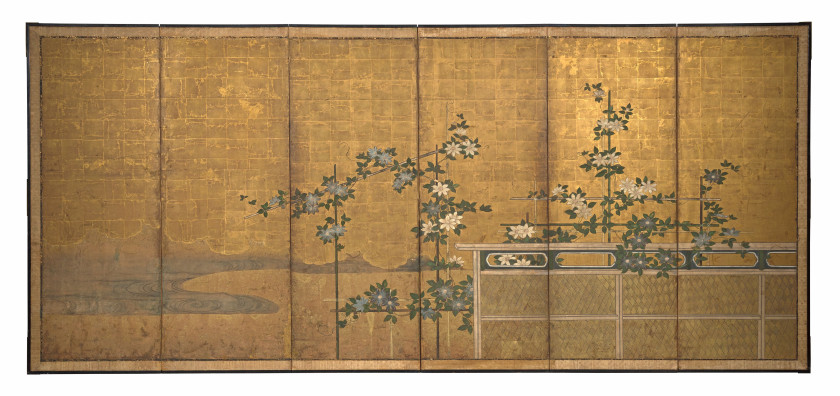 PAIRE DE PARAVENTS À SIX FEUILLES SUR PAPIER ET FOND DE FEUILLES D'OR, Japon, époque Edo, XVIIIe siècle