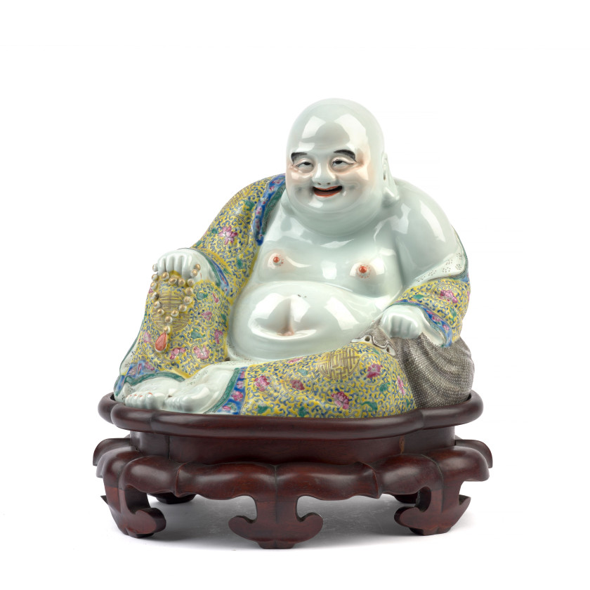 STATUE DE BUDAI EN PORCELAINE POLYCHROME, Chine, début du XXe siècle