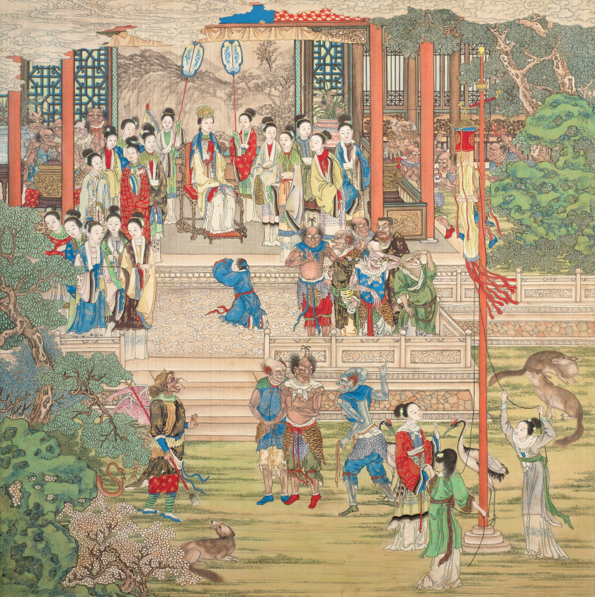 TROIS PEINTURES À L'ENCRE ET COULEURS SUR SOIE, Chine, fin de la dynastie Qing (1644-1911)