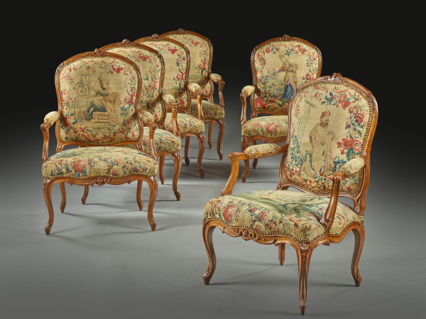 SUITE DE SIX FAUTEUILS À LA REINE D'ÉPOQUE LOUIS XV Estampille de Martin Delaporte