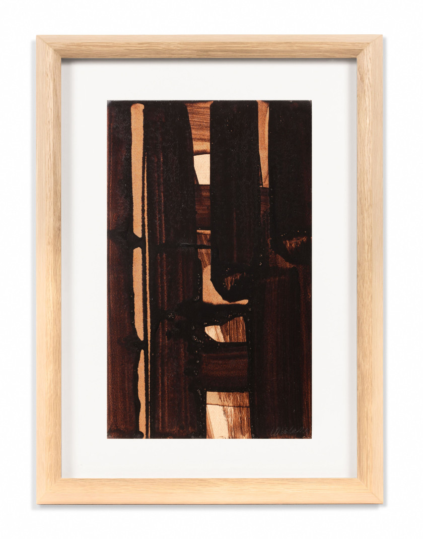 Pierre SOULAGES (1919-2022) Brou de noix 34,8 x 21,3 cm - circa 1982 Brou de noix sur papier marouflé sur carton