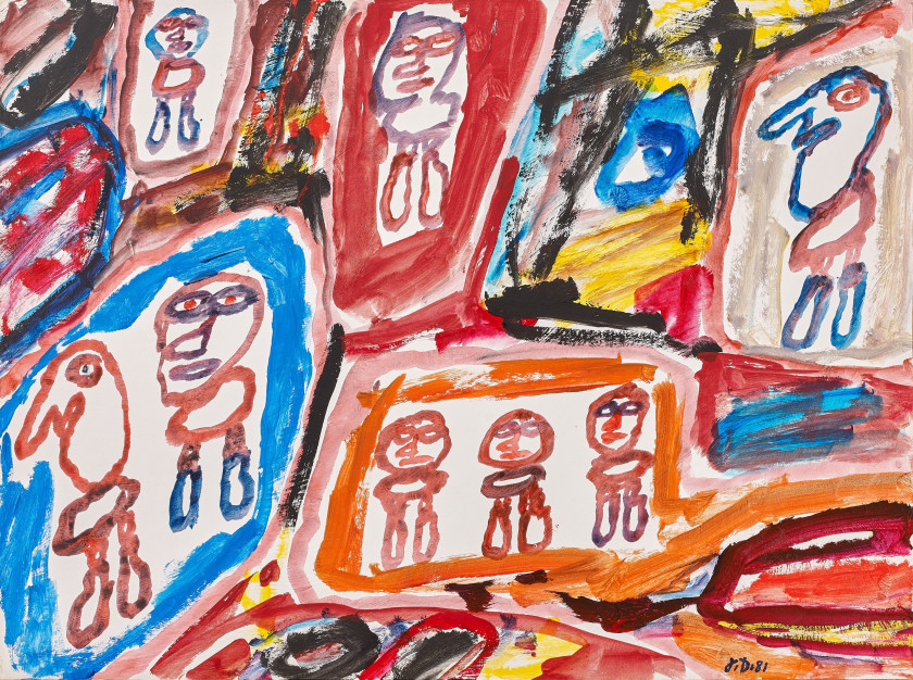 Jean DUBUFFET (1901 - 1985) Site avec 8 personnages - 1981 Acrylique sur papier marouflé sur toile