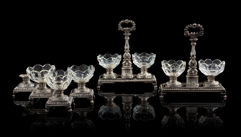 ENSEMBLE DE SALIÈRES EN ARGENT ET CRISTAL Orfèvre Charles-Louis Dupré Paris, 1827-1838