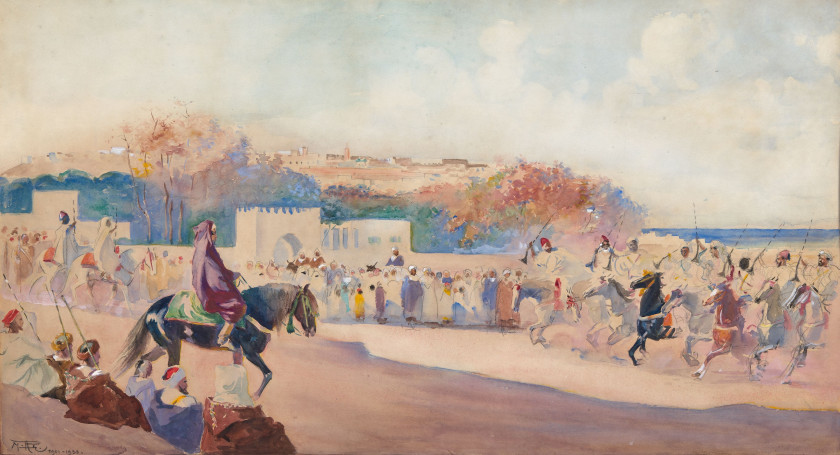 Maurice ROMBERG DE VAUCORBEIL 1862-1943 Fantasia sur la place du Soko à Tanger Aquarelle sur papier