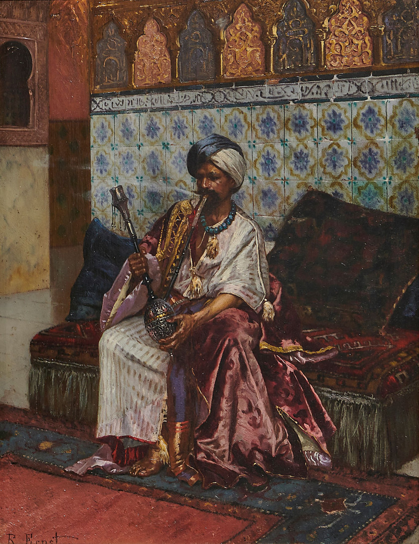 Rudolf ERNST 1854-1932 Le fumeur de narghilé Huile sur panneau