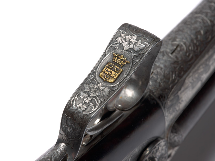 [MARQUIS DE LOUVENCOURT] FUSIL DE CHASSE DE LA MAISON HOULLIER BLANCHARD ET SON COFFRET NÉCESSAIRE EN ACAJOU