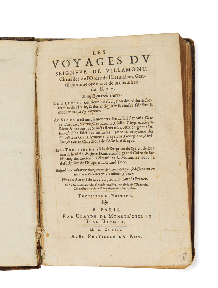 VILLAMONT (de)  Les Voyages […] divisez en trois livres.  Paris, Claude de Monstr’œil et Jean Richer, 1598.