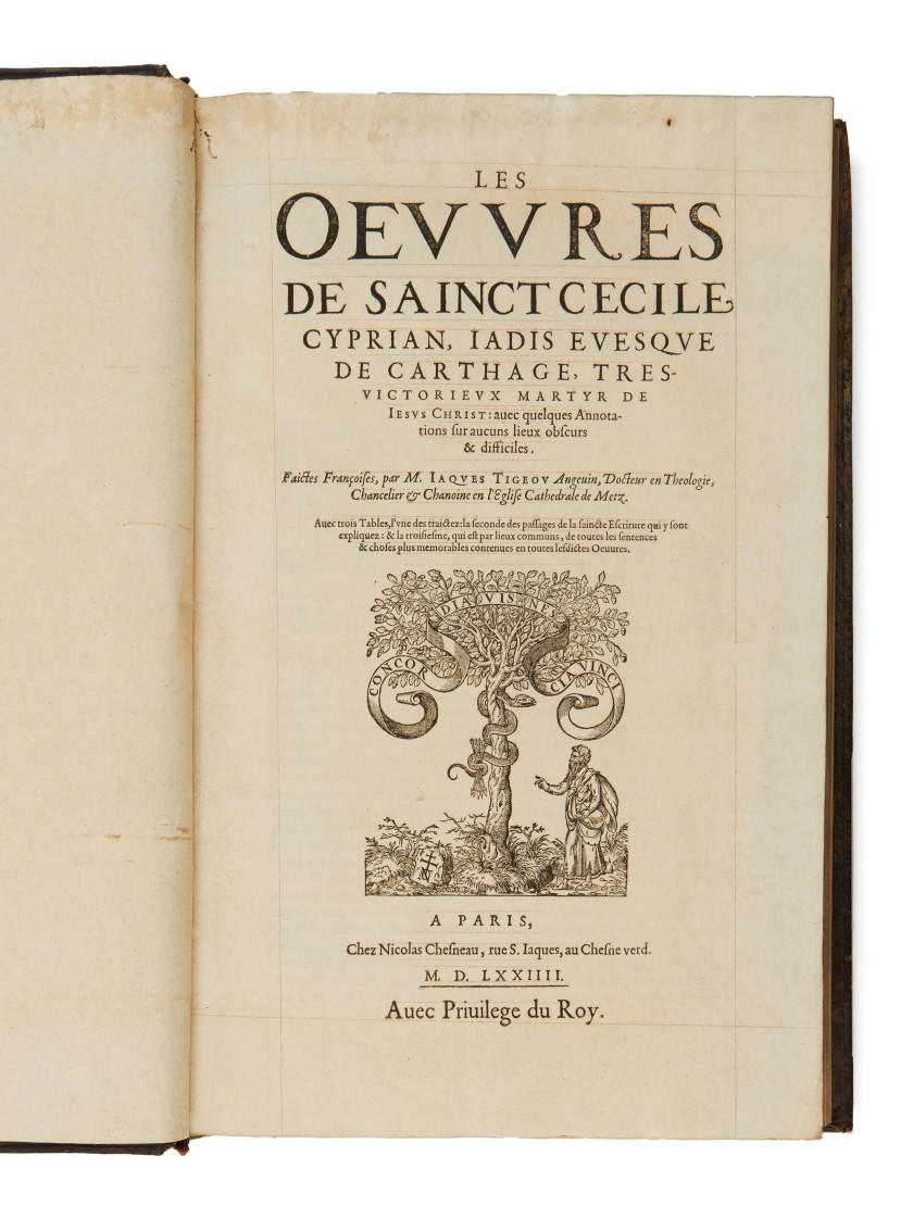 CYPRIAN (Cécile)  Les Œuvres […] faictes françaises par M. Jacques Tigeou.  Paris, Nicolas Chesneau, imprimerie de Henry Thiery, 157...