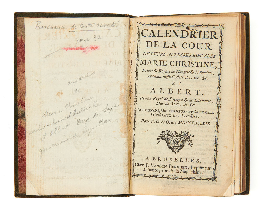 [ALMANACH]  Calendrier de la cour de leurs Altesses royales Marie-Christine […] et Albert […].  Bruxelles, J. Vanden Berghen, 1782.