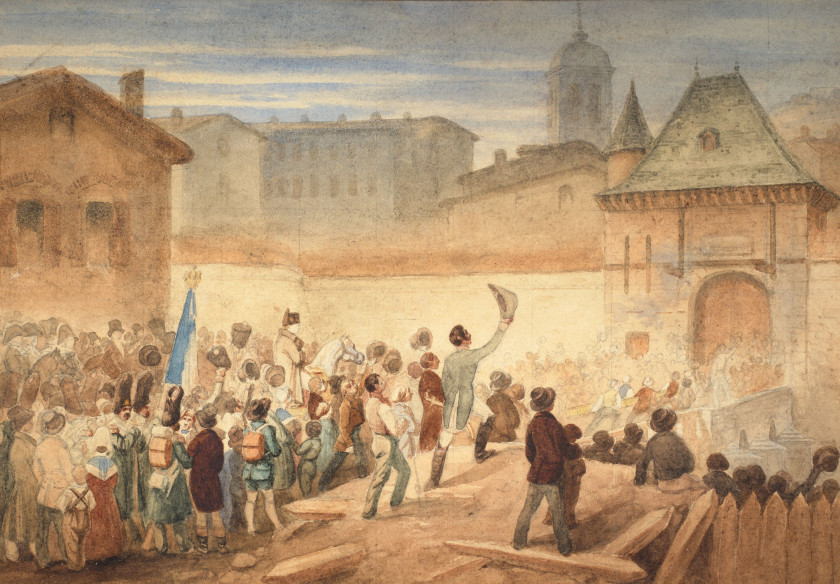 Attribué à Alexandre DEBELLE Voreppe, 1805 - Grenoble, 1897 L'entrée de Napoléon à Grenoble le 7 mars 1815