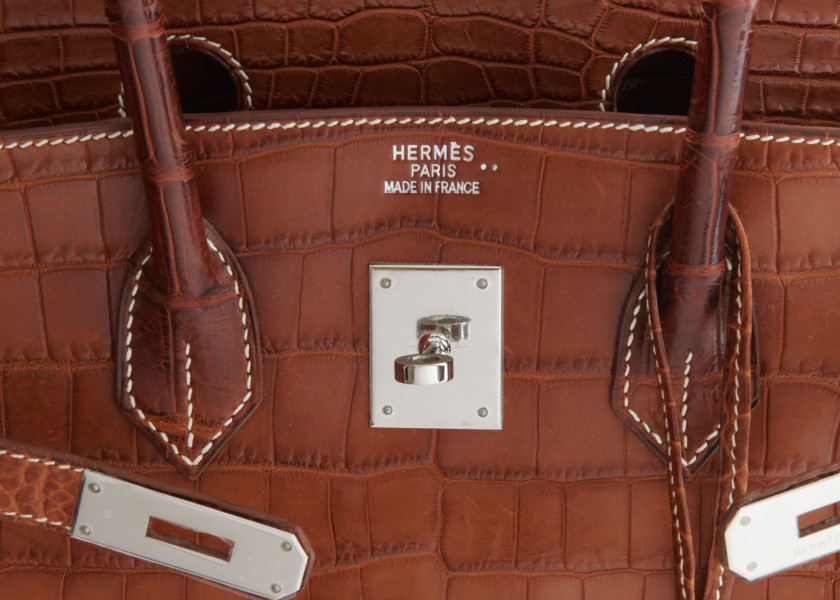 HERMÈS 2003  Sac BIRKIN 35  Crocodile du Nil mat fauve (Crocodylus niloticus) II/B Piqué sellier blanc Garniture métal...