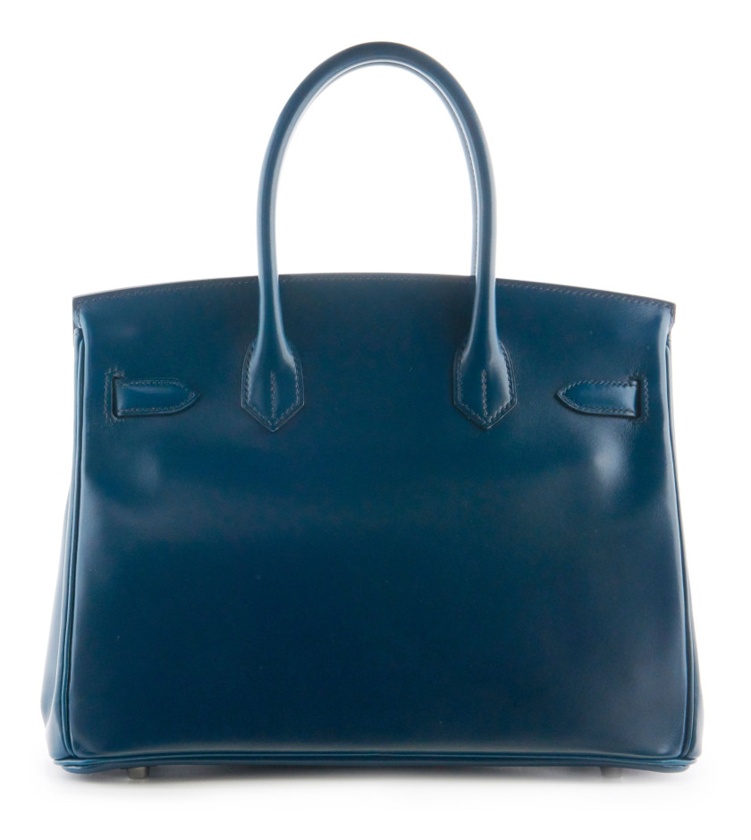 HERMÈS 2014  Sac BIRKIN 30  Box Bleu de Prusse Garniture métal argenté palladié guilloché  BIRKIN 30 bag Prussian...