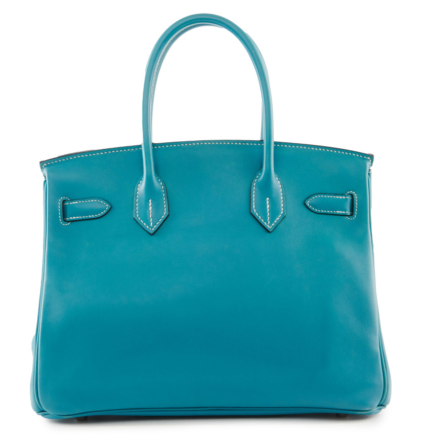 HERMÈS 2007  Sac BIRKIN 30   Veau Swift bleu Piqué sellier blanc Garniture métal argenté palladié  BIRKIN 30 bagR...