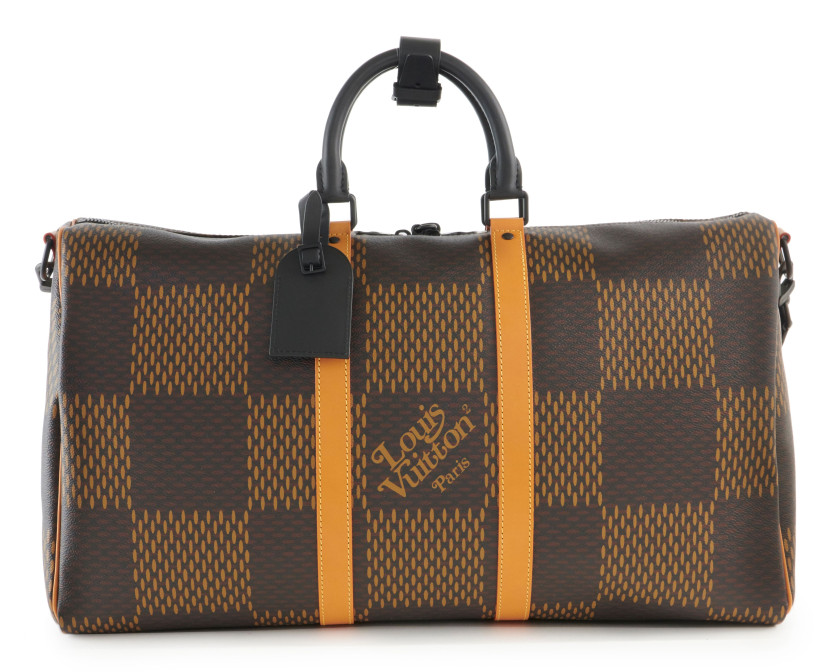 LOUIS VUITTON X NIGO Collection LV² 2020  Sac KEEPALL 50  Toile Damier Géant, toile Monogram, cuir naturel et cuir noir...