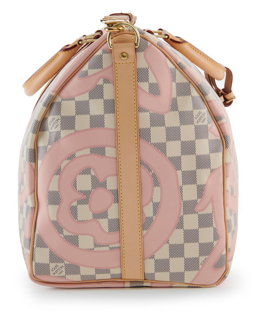 LOUIS VUITTON 2017  Sac KEEPALL 50  Toile damier azur Tahitienne et cuir naturel Garniture métal doré Anse bandoulière...