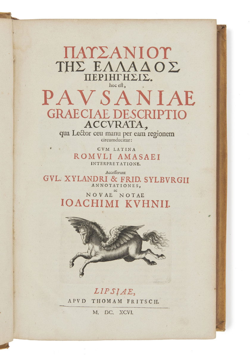 PAUSANIAS  Pausaniæ græciæ descriptio accurata.  Lipsiæ, Thomam Fritsch [Leipzig, Thomas Fritsch], 1696.