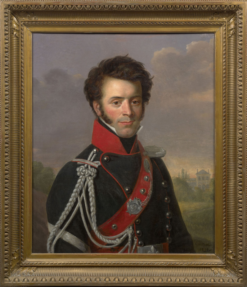 Jean-Baptiste Louis GERMAIN Reims, 1782 - 1842 Portrait d'un officier de la Garde nationale à cheval, époque Restauration Huile sur...