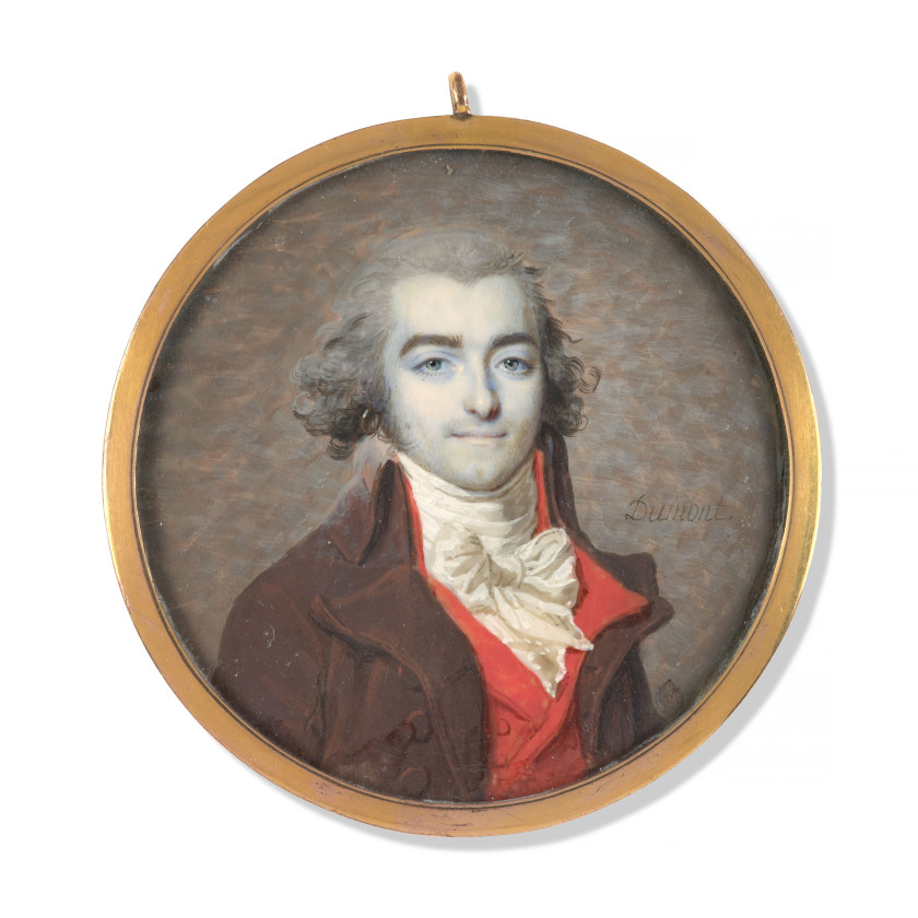 François DUMONT Lunéville, 1751, - Paris, 1831 Portrait d'homme à la redingote carmin et au gilet rouge Miniature sur ivoire de form..